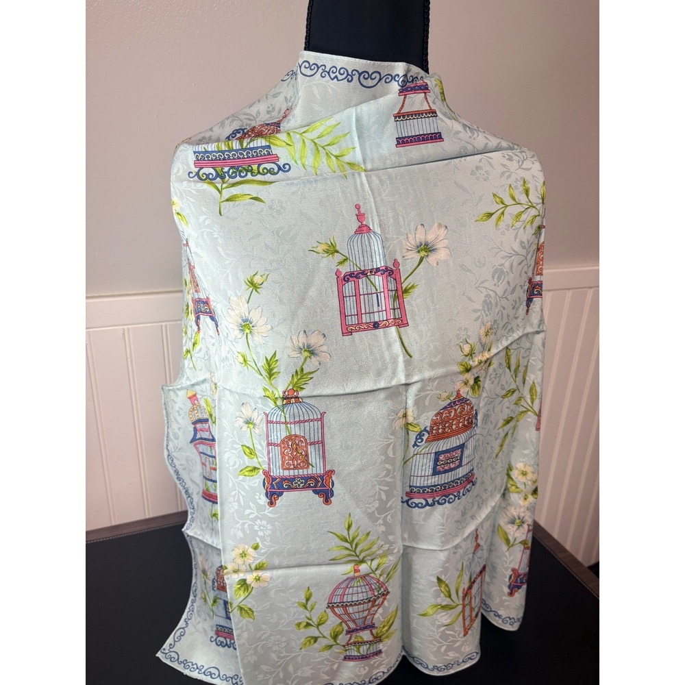 Talbots Light Blue Silk Square Scarf Birdcage Floral Jacquard 26x26